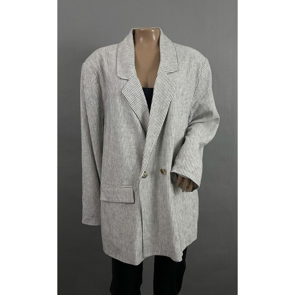 Old Navy Blazer XL Women Gray Pinstripe Double Breasted Linen Blend Business - Picture 1 of 12